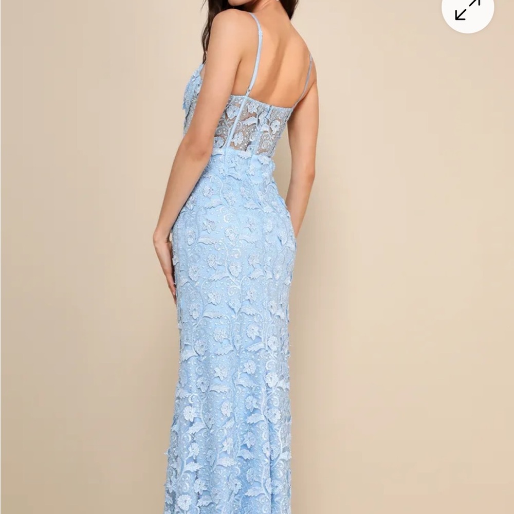 Lulu’s Exceptionally Radiant Blue Embroidered Floral Bustier Maxi Dress